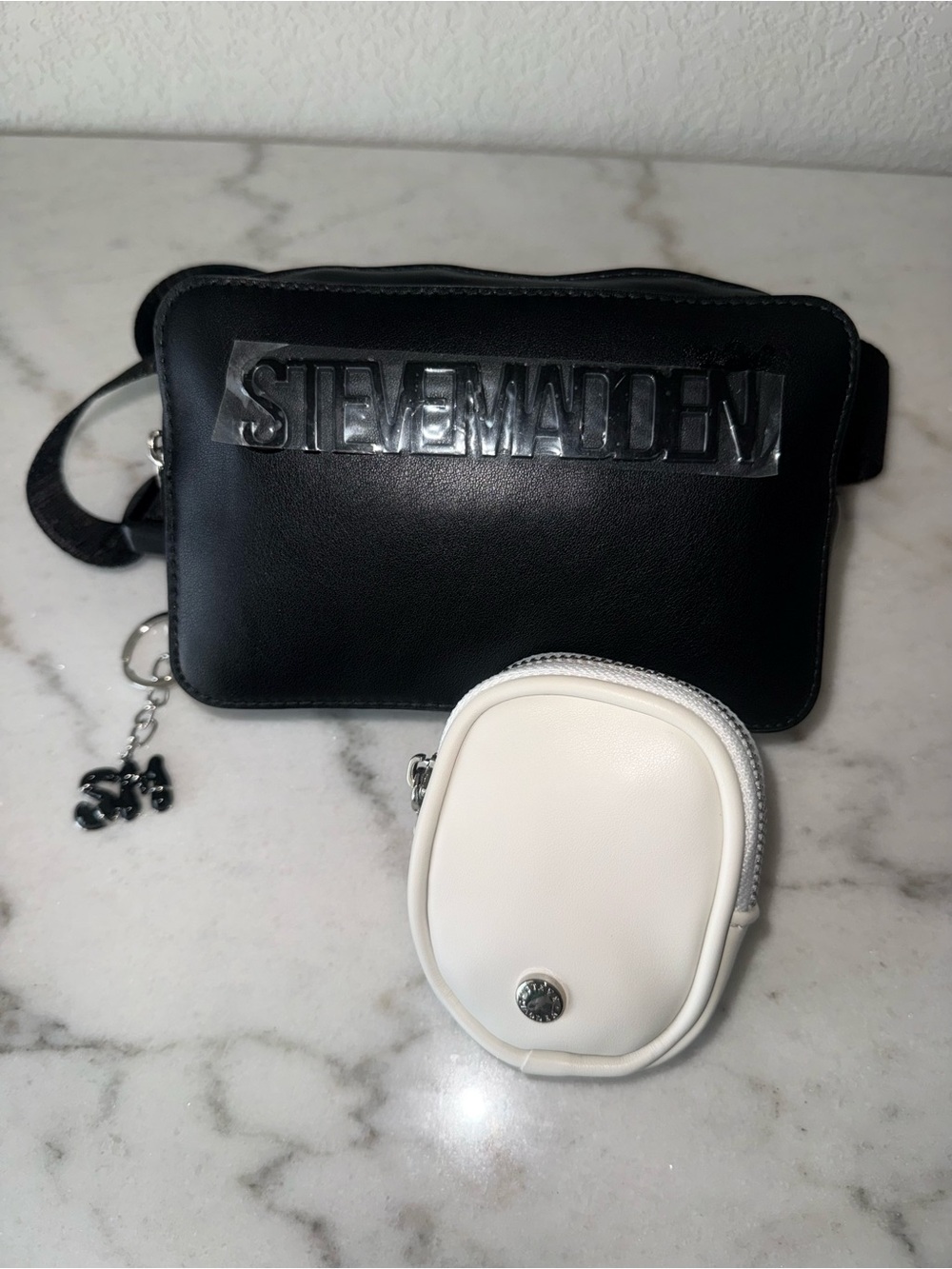 Steve Madden Black Belt Bag with White Pouch and Branded Bag Charms-NWT!